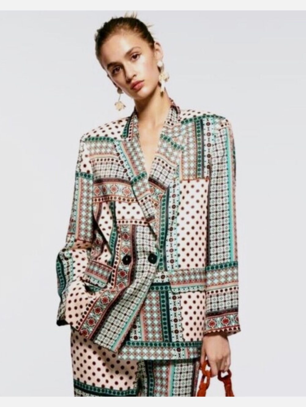 ZARA Retro Patchwork Printed Multicolor Satin-Effect Blazer and matching pants - Picture 2 of 10